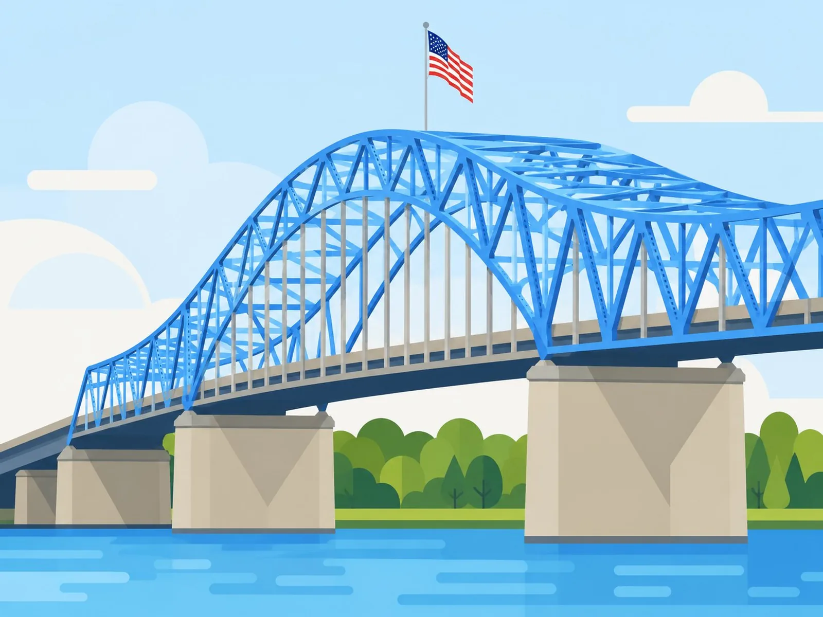 Illustration of the Blue Bridge over the Columbia River in the Tri-Cities, with the American flag flying at its crown